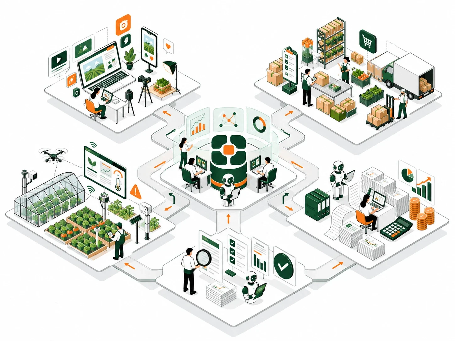 ME:HUB diagram — ME:HUB in the center, connected by paths to the Content, Business Management, Farm Monitoring, Accounting and Audit teams