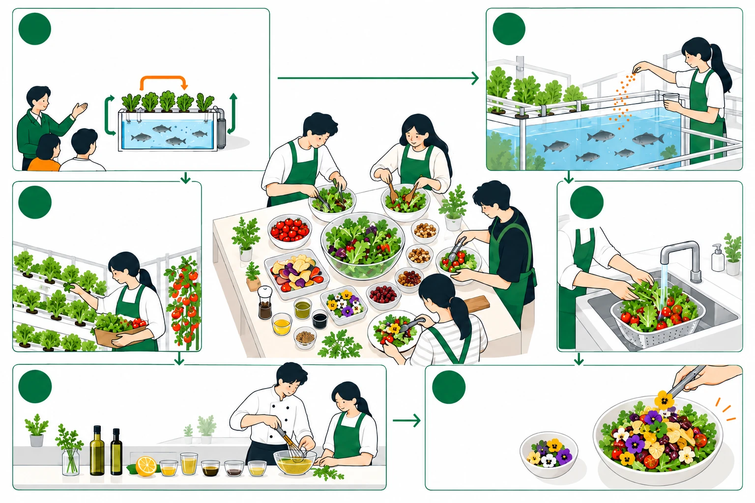 Aquaponics gourmet experience flow — learn the cycle, feed the fish, harvest salad greens and cherry tomatoes, wash, make a dressing from the chef's recipe, plate up