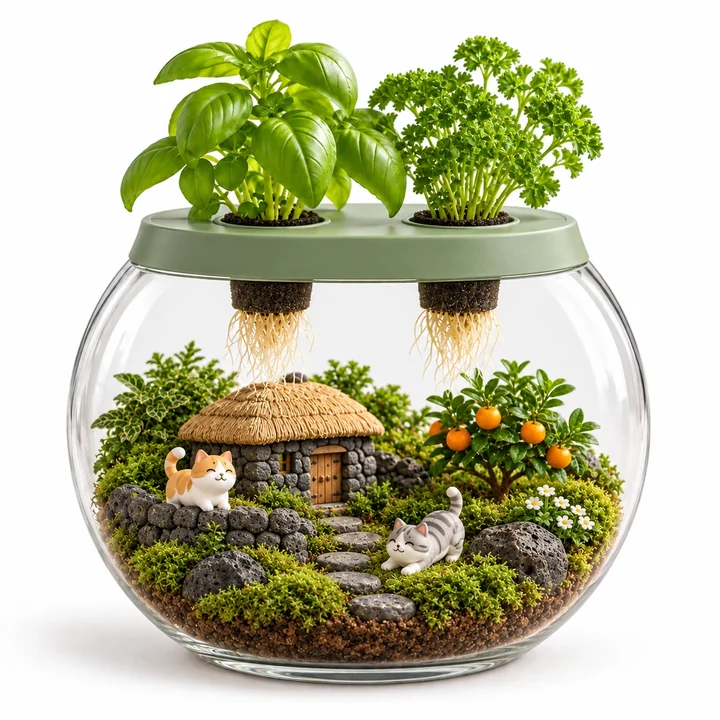 Finished hydroponic garden example — Jeju stone wall theme