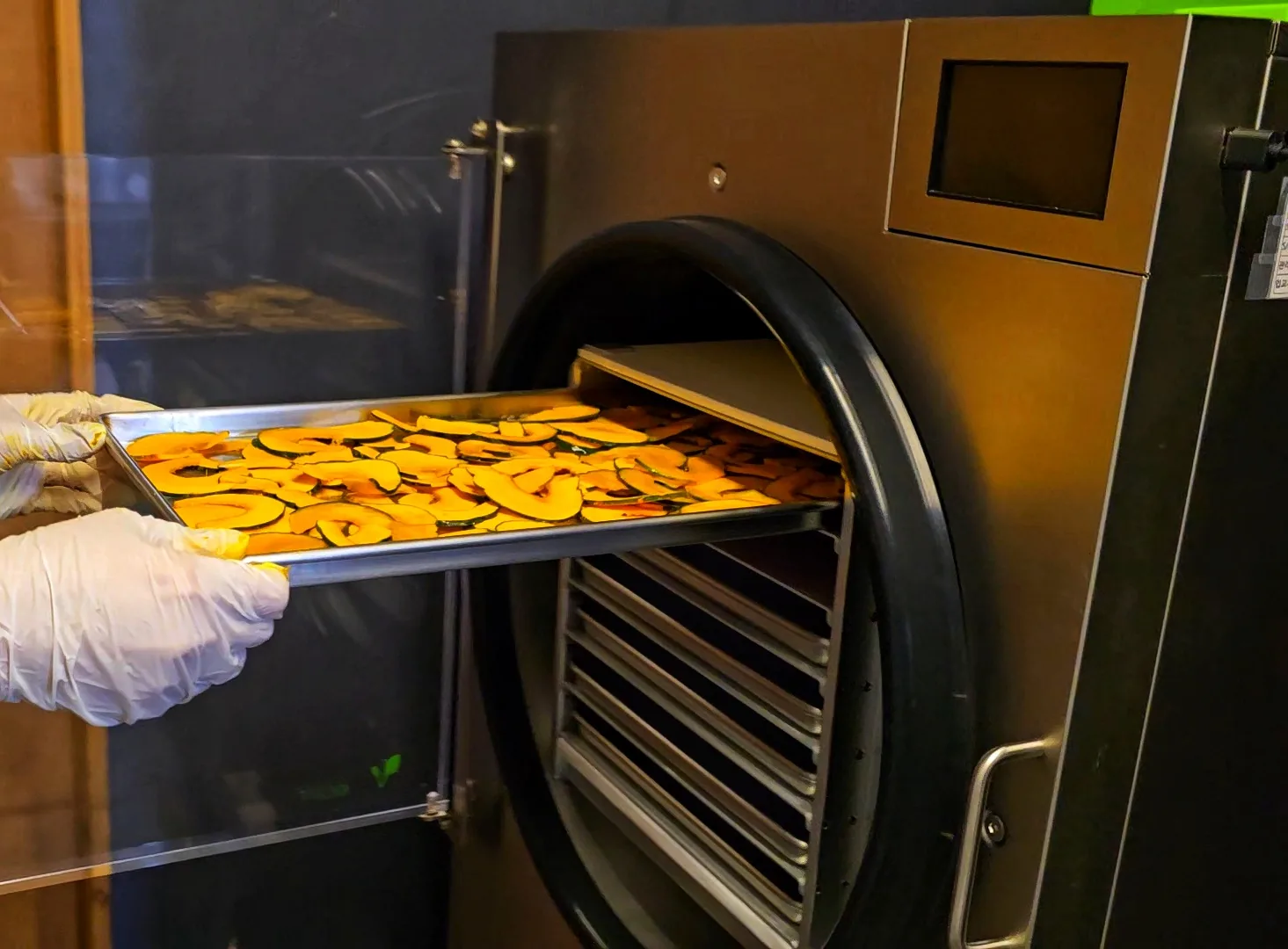 Putting sliced squash into the freeze dryer at the kitchen